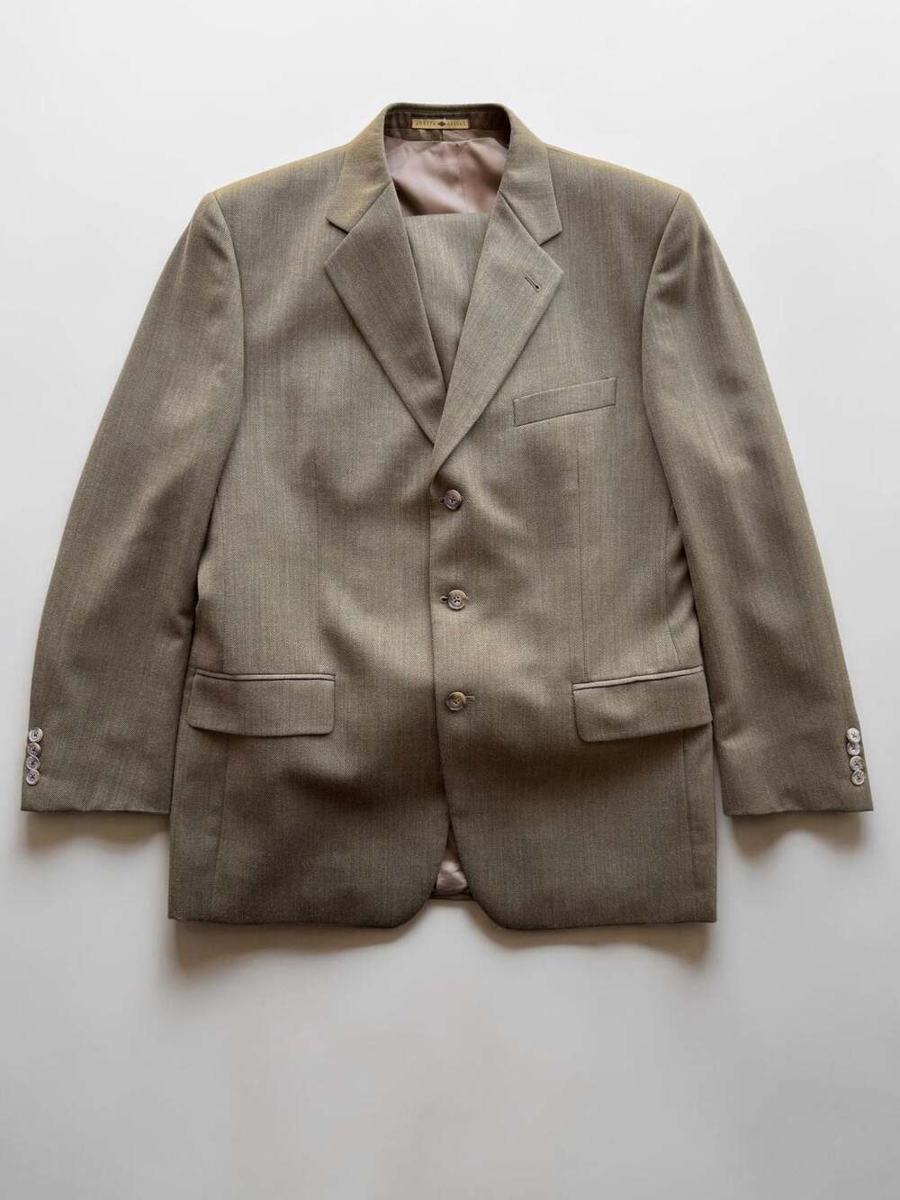 Joseph Abboud 40R 30 W 3-Piece Suit Jacket Vest Pleated Cuffed Trousers Taupe
